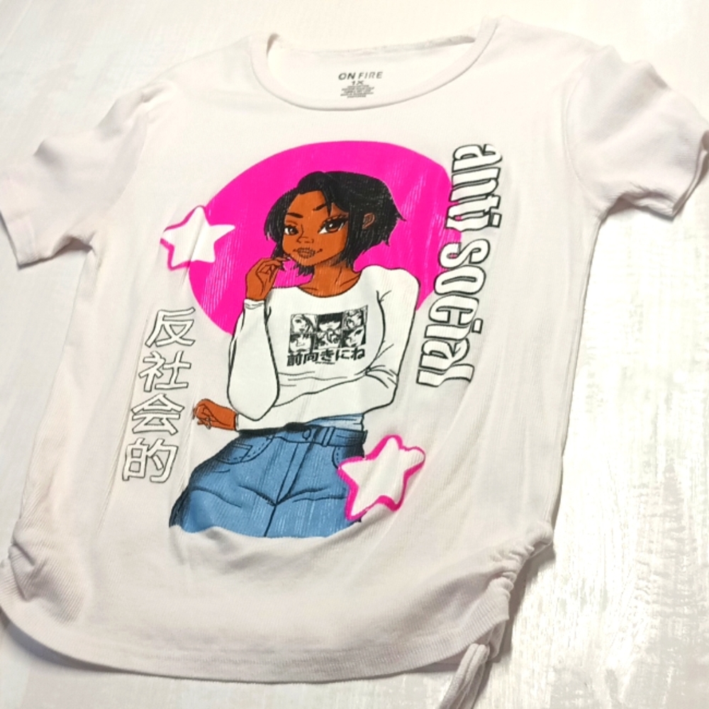 women "anti social" Graphic Short sleeve T-shirt/ top size 1X, 100% cotton EUC